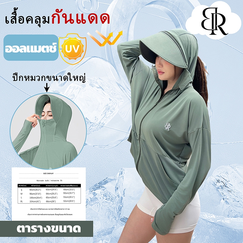 B&R พร้อมส่ง เสื้อผ้าป้องกันแสงแดดสำหรับผู้หญิง เสื้อแจ็คเก็ตป้องกันรังสียูวี UV SPF50+ สวมหมวก ขนาดS-XL
