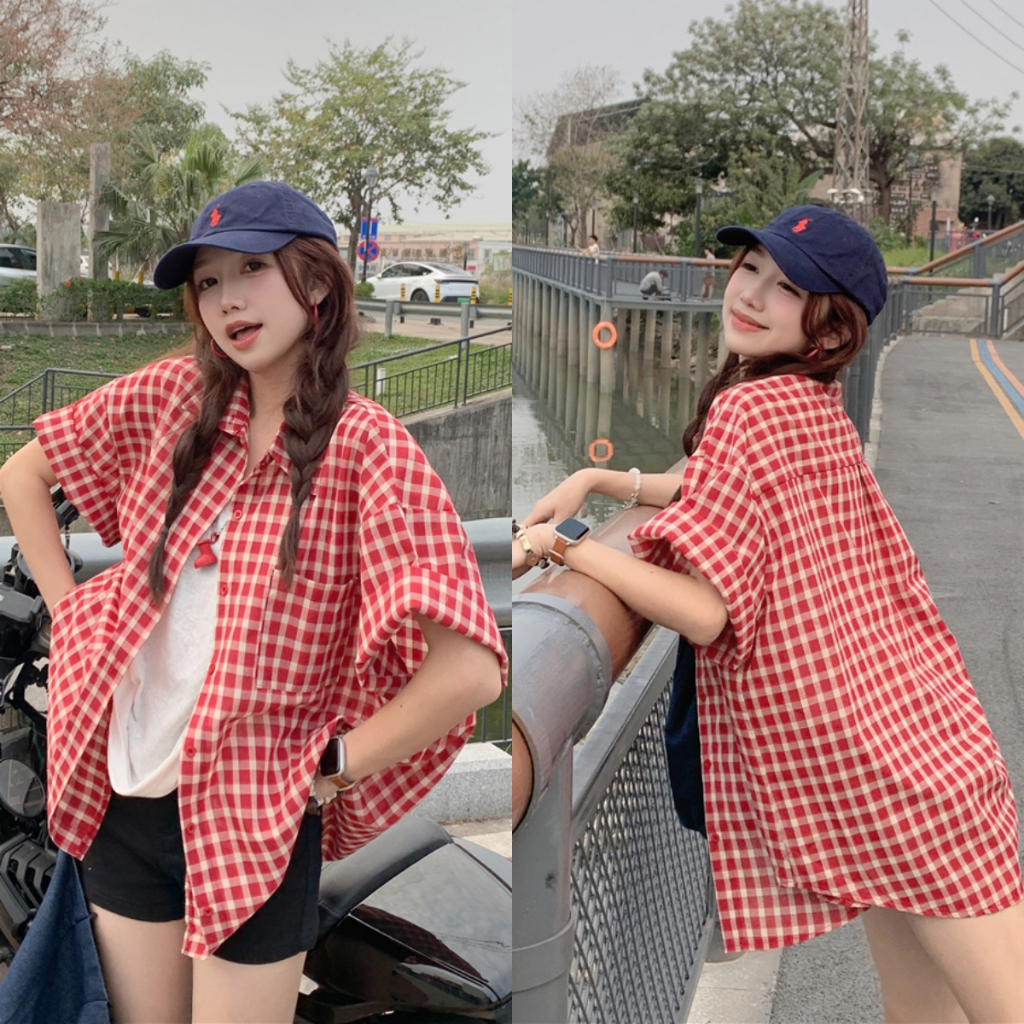เสื้อเชิ้ตแขนสั้นลายสก็อตสีแดงสไตล์เรโทร สำหรับผู้หญิง ทรงหลวม ใช้งานได้หลากหลาย ลำลอง