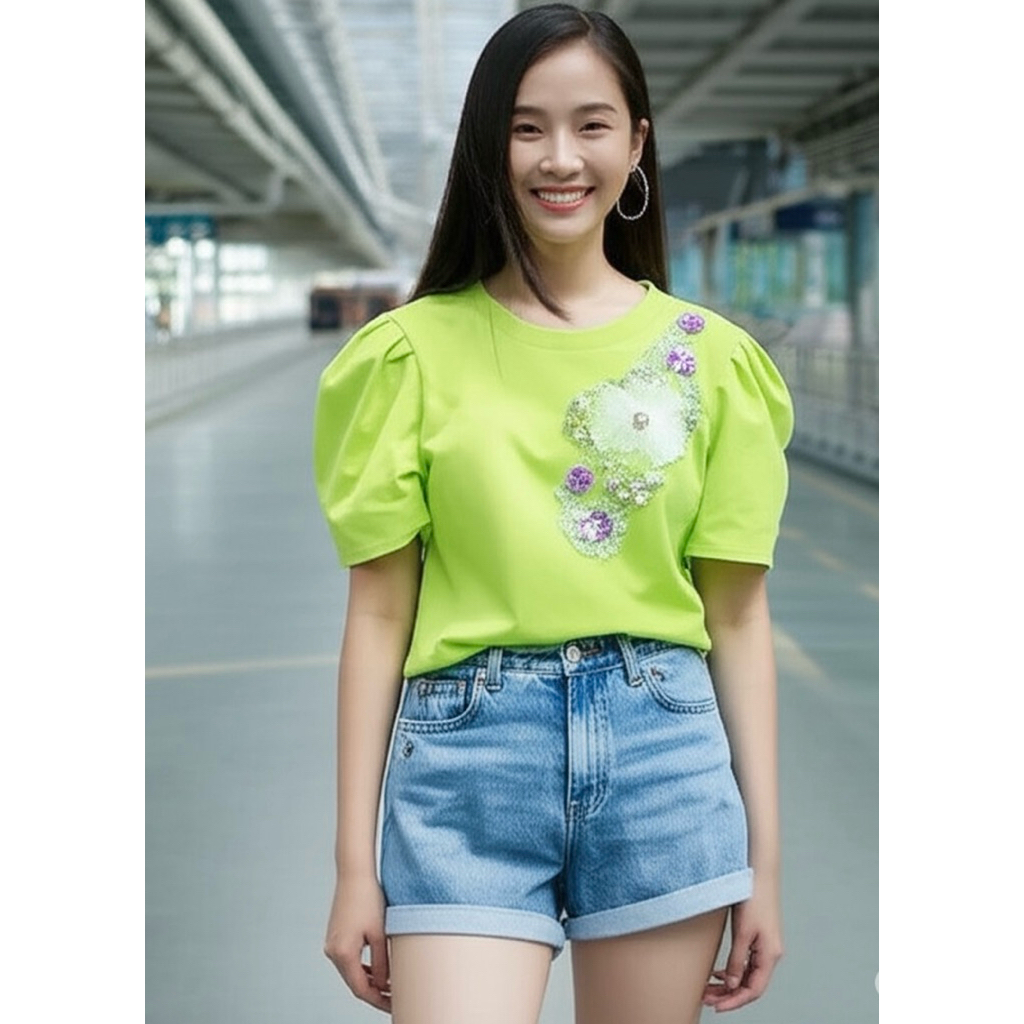 เสื้อยืด เสื้อแฟชั่น งานป้าย Jew_Berry [#1075] เสื้อยืดแฟชั่นสีพื้น บ่าจับจีบ อกซ้ายแต่งอะไหล่ดอกไม้เพชร
