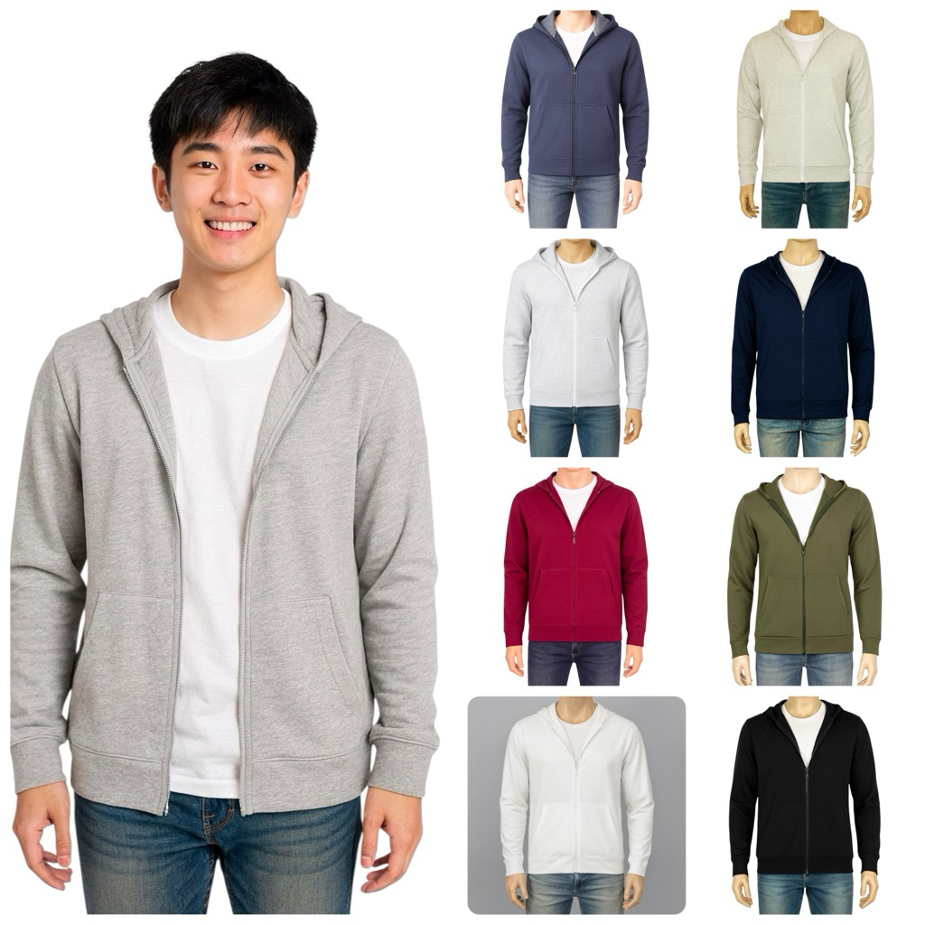 เสื้อฮู้ดกันหนาว มีซิปหน้า ผู้ชาย ผ้าคอตตอนสีพื้นไม่ขึ้นขน 9 สี รอบอกเสื้อ 42 นิ้ว Full-Zip Long Sle