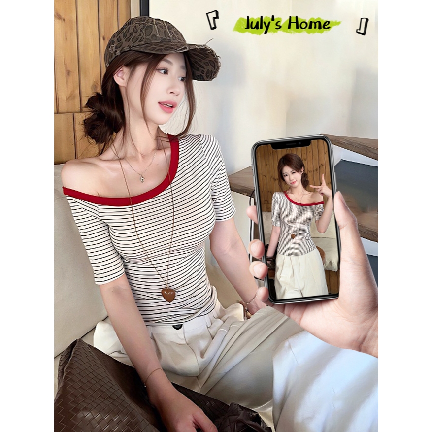 เสื้อยืดผู้หญิง เสื้อยืดแขนสั้น สไตล์เกาหลี ทรงเข้ารูป สลับสีสวย#J2381