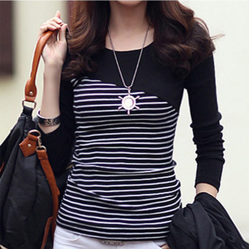 เสื้อยืดแฟชั่นผู้หญิง คอกลม แขนยาว ลายทาง ผ้ายืด ทรงรัดรูป รุ่นบาง