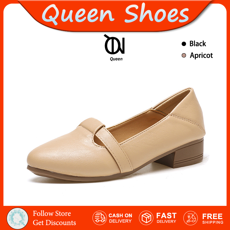 Queen รองเท้าแตะหัวแหลมสำหรับผู้หญิง เรียบง่าย เรียบหรู ส้นกลาง 3 ซม. รองเท้า สไตล์เรโทรฝรั่งเศส รองเท้า