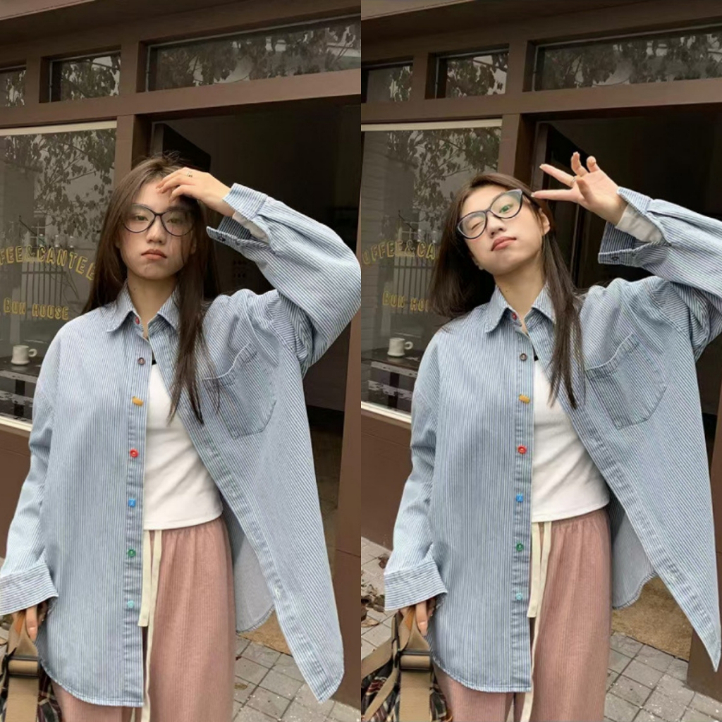 เสื้อเชิ้ตลายทางสีฟ้าสไตล์เกาหลี แขนยาวกันแดด ทรงหลวม กระดุมหลากสี ลำลองและใช้งานได้หลากหลาย