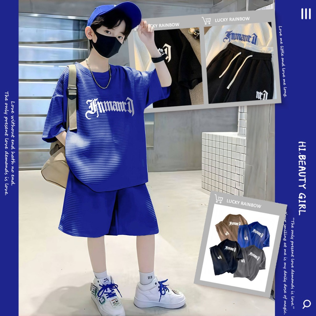 ชุดเซ็ทเด็ก ชุดลำลองเด็ก สไตล์เกาหลี เสื้อยืดแขนสั้น+กางเกงขาสั้น ชุดเซ็ท 2 สุดเท่ 2-15 ปี