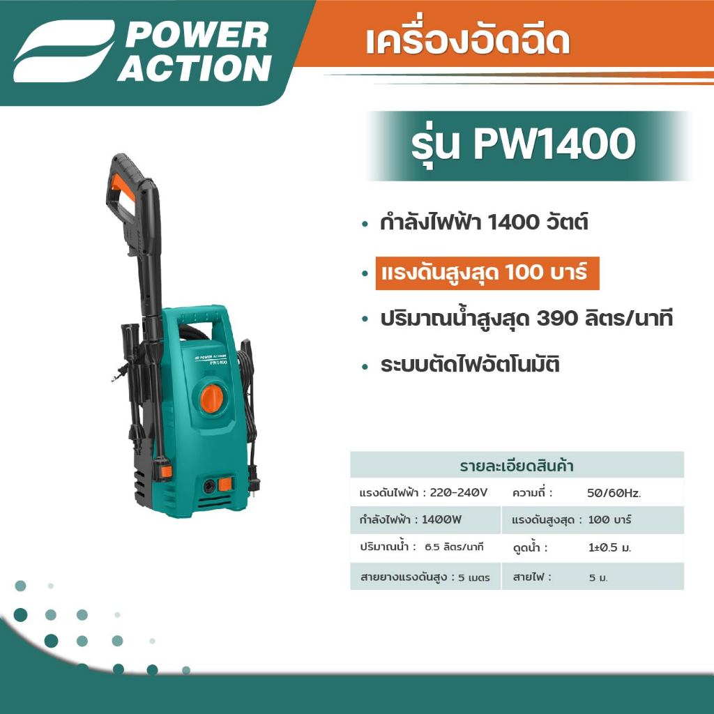 Power Action เครื่องฉีดน้ำ แรงดันสูง เครื่องอัดฉีด 1400 วัตต์ 100 บาร์ ตัดน้ำอัตโนมัติ รุ่น PW1400