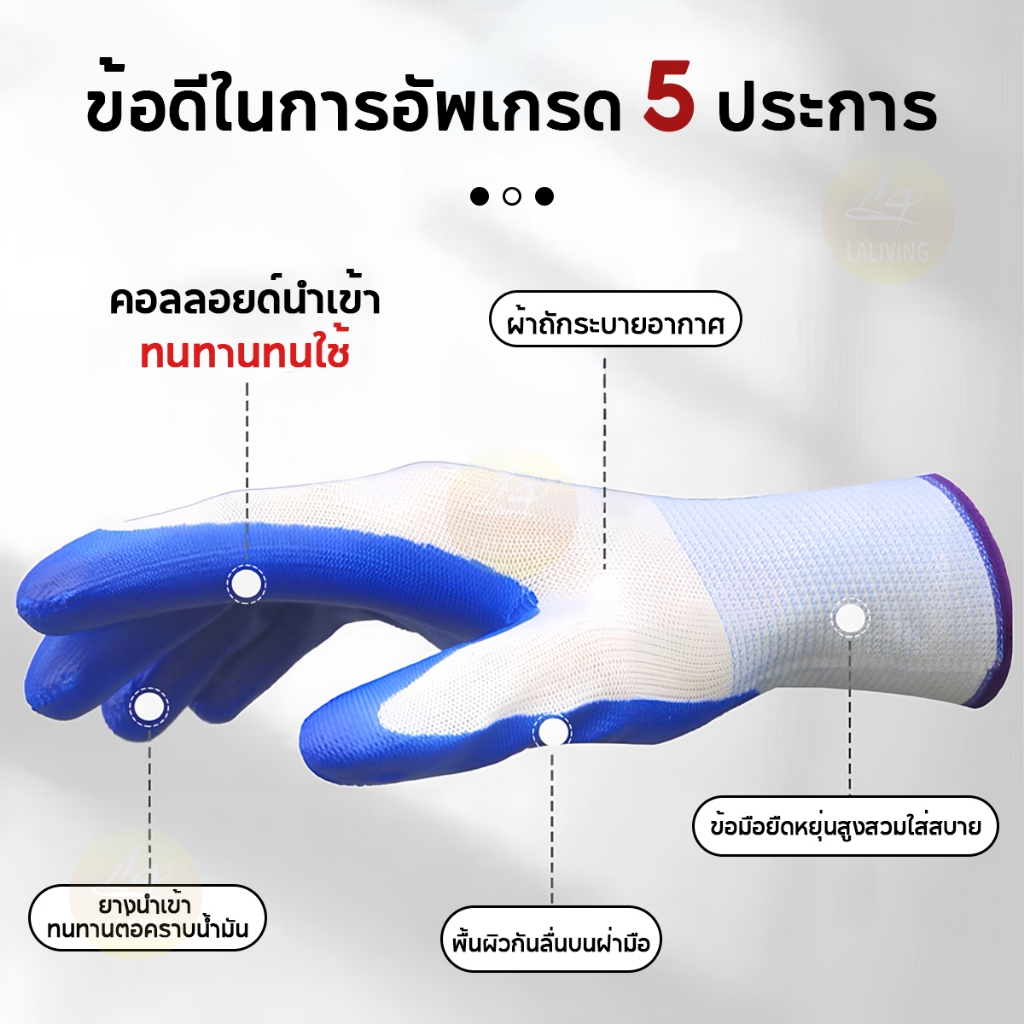 (ยกโหล12คู่ )ถุงมือทำงาน ถุงมืออเนกประสงค์ วัสดุไนลอน เนือ้ผ้าดี ยืดหยุ่น ผ้าเคลือบยาง กันบาด กันลื่น ราคา ถูกที่สุด ดีลบีเคเค แกลเลอรีภาพที่ 2