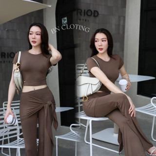 BN01 เซต 2 ชิ้น ครอปแขนสั้น+กางเกงผูกเอวขอบเรียบไม่สม็อค ทรง…