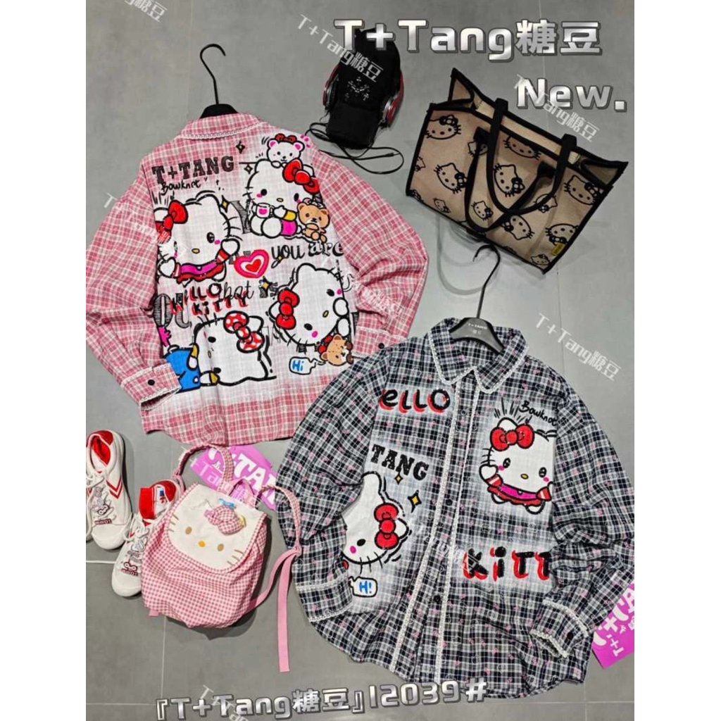 (พร้อมส่ง)เสื้อเชิ้ตโอเวอร์ไซส์ สกรีนลาย Kitty TAG: T+Tang 🇰🇷