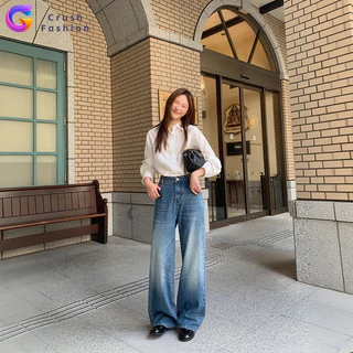 Crush ยีนส์เอวสูง สไตล์เกาหลี! สาวๆต้องมี! ✨ กางเกงขากว้างโคร่ง สบายสุด ปรับสัดส่วนเพอร์เฟค ผ้าเนื้อนุ่ม