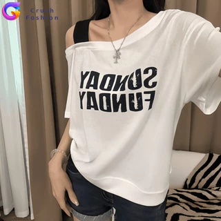 Crush พร้อมส่ง ทรงหลวม เสื้อยืดเปิดไหล่ เสื้อเเขนสั้นผู้หญิง ใส่เเบบเปิดไหล่ได้ ผ้านิ่ม