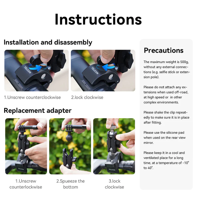 Telesin GoPro , DJI , Insta360 Handlebar Mount Tube Clamp ตัวหนีบพลาสติกยึดติดจักรยานหรือราวจับ thumbnail 6