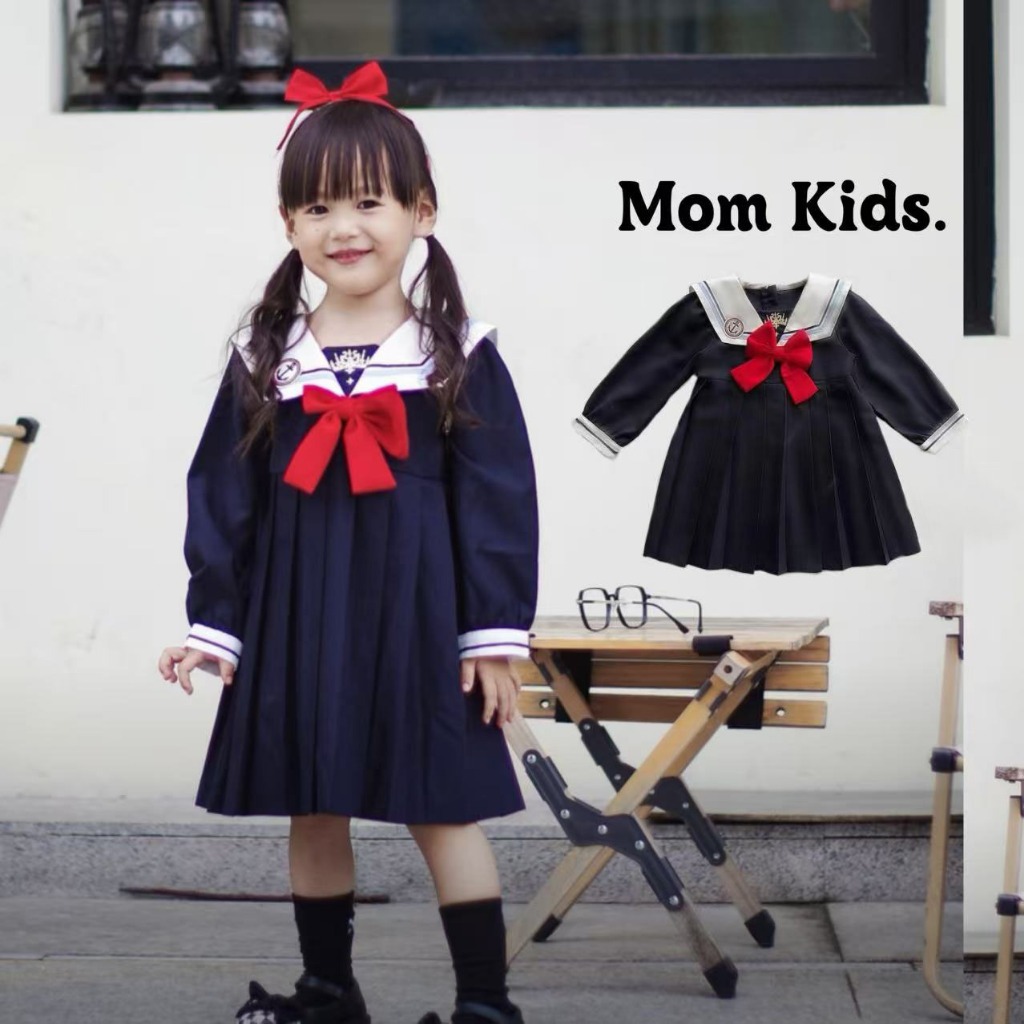 🌸พร้อมส่ง🌸สไตล์ญี่ปุ่น ชุดนักเรียนอนุบาล สําหรับเด็กผู้หญิง ชุดเดรสแขนยาว สไตล์กองทัพเรือ โบว์สีแดง