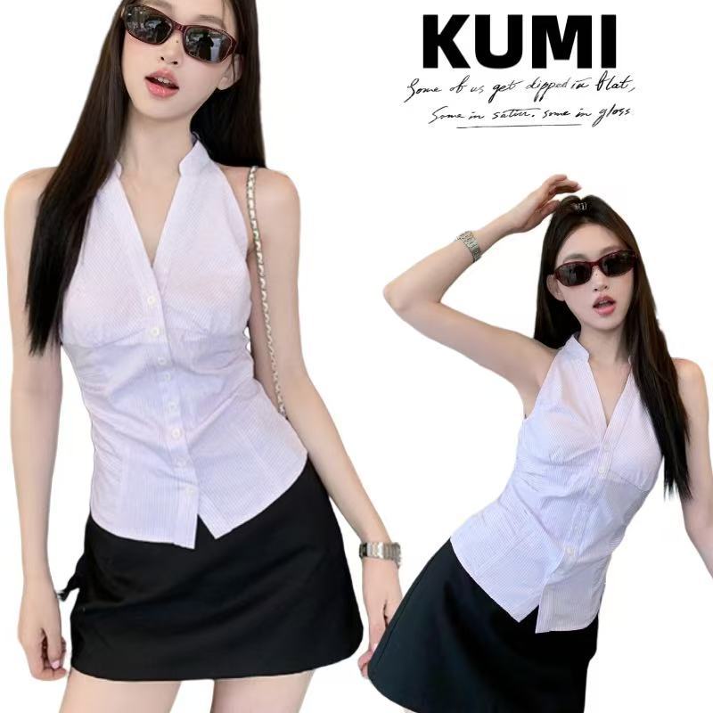 KUMI พร้อมส่ง ☔เสื้อเชิ้ตแขนกุด☔ ชด2ชั้น คอวีลายริ้ว โชว์ไหล่ เสื้อครอปทรงรัดรู สไตล์ลําลอง ปกกระดุมหน้า  สําหรับผู้หญิง