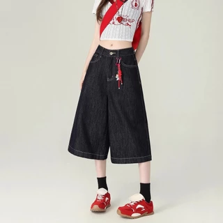 S~5XL สุภาพสตรีฤดูร้อนขากว้างกางเกงยีนส์เทรนด์หลวม Capris กางเกงขาสั้นลำลองร้อยกางเกงยีนส์ขาสั้น