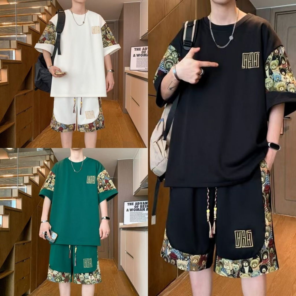 🆕COD🆕เสื้อยืดสูทผู้ชาย + กางเกงขาสั้นทรงหลวมขนาดใหญ่ชุดลำลอง 2 ชิ้น นุ่มลื่น ใส่สบาย ไม่ร้อน ไม่อึดอัด