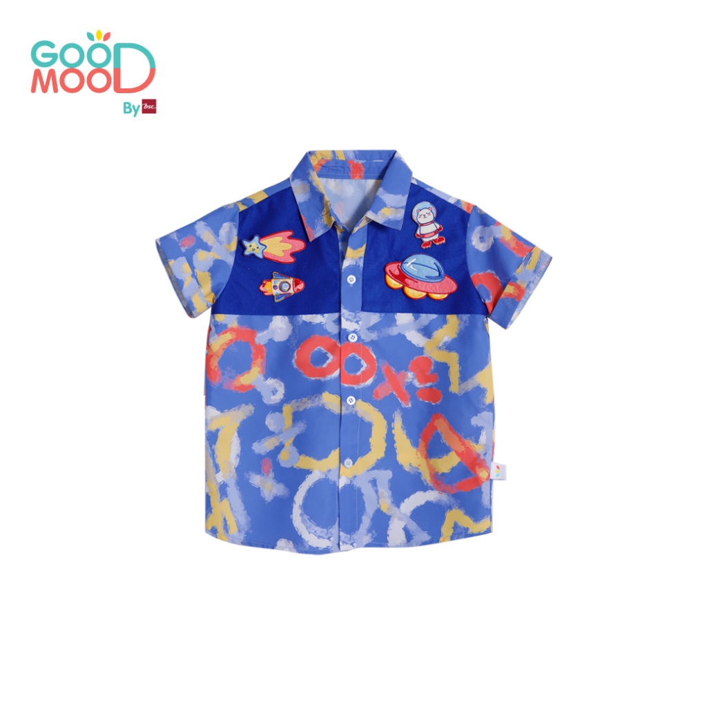 Good Mood by bsc เสื้อเชิ้ตแขนสั้นพิมพ์ลายสีน้ำเงิน + PATCHES  4 ชิ้น สำหรับเด็กอายุ 2-3 ปี ผ้าไมโครพีท