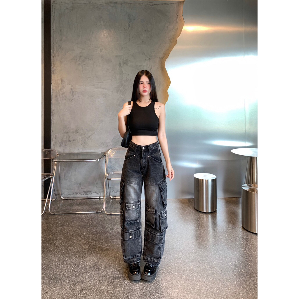 Bosdy Jeans รหัส BJ017 กางเกงยีนส์คาร์โก้ทรงกระบอกเอวสูงผ้าไม่ยืด สี Dark Gray สุดเฟียส รุ่นกระเป๋าเฉียง