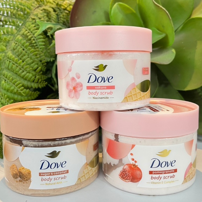 Dove  body scrub โดฟ บอดี้ สครับ ผลิตภัณฑ์ทำความสะอาดและขัดผิวกาย มี 3 สูตร ปริมาณสุทธิ 280 กรัม