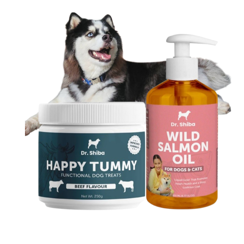 Dr. Shiba Happy Tummy และ Salmon Oil ขนมสุนัข รสเนื้อ/แซลมอน 250 กรัม และ น้ำมันปลาแซลมอน 200 กรัม