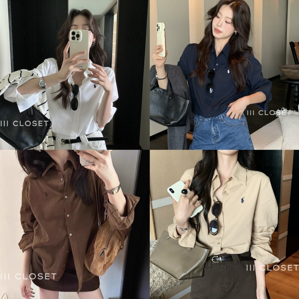 เสื้อเชิ้ตโปโล lll FreeSize lll  IT108 เสื้อเชิ้ต แขนยาว กระดุมหน้า ปักโปโล ผ้าไหมอิตาลี