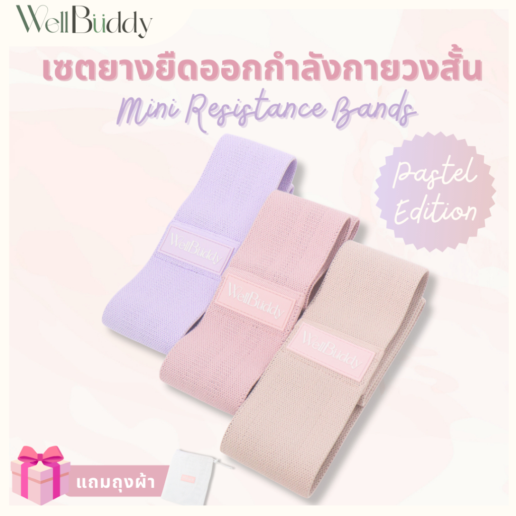 WellBuddy ยางยืดออกกำลังกาย 3 แรงต้าน แบบผ้า วงสั้น (1 แพค 3 ชิ้น) ทนทาน ยืดหยุ่น มีแถบยางกันลื่น Pastel Edition