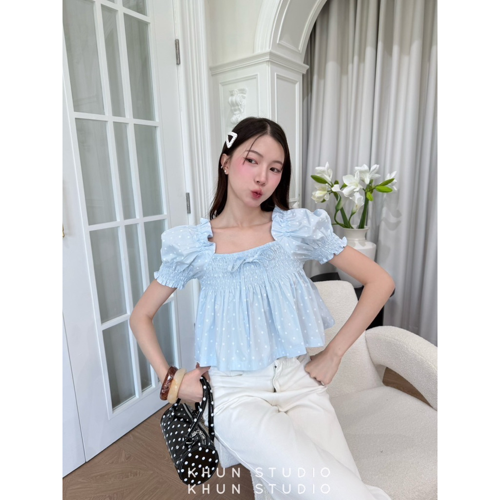 เสื้อแขนพอง คอเหลี่ยม แต่งสม็อคช่วงอก -kn / VB0581 - รูปที่ 3