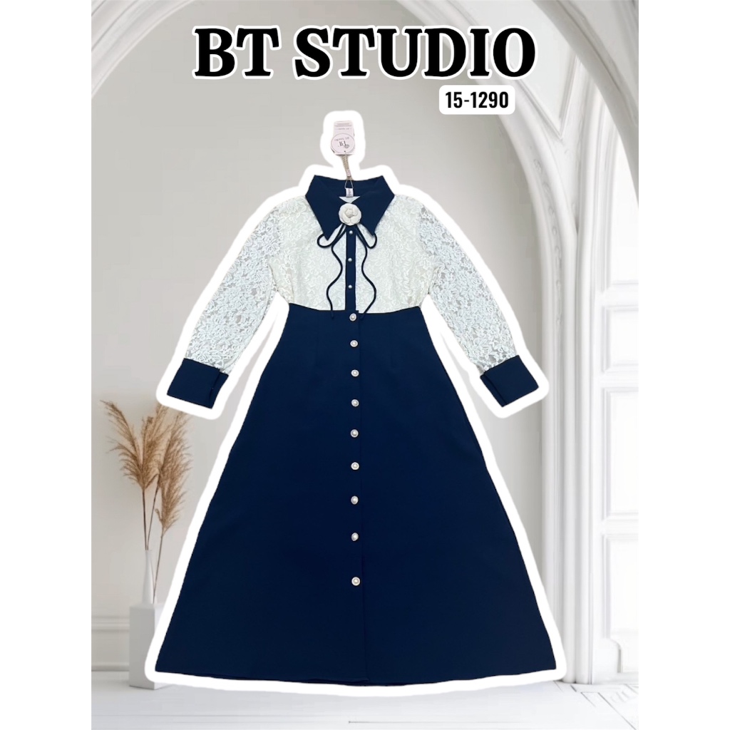 BT 15-1290 ชุดเซท 2 ชิ้น เสื้อแขนยาวคอปก ผ้าลูกไม้ แต่งด้วยกระดุมหน้ากระโปรงยาว มาพร้อมเข็มกลัดดอกไม้ ใส่ทำงาน ออกงาน