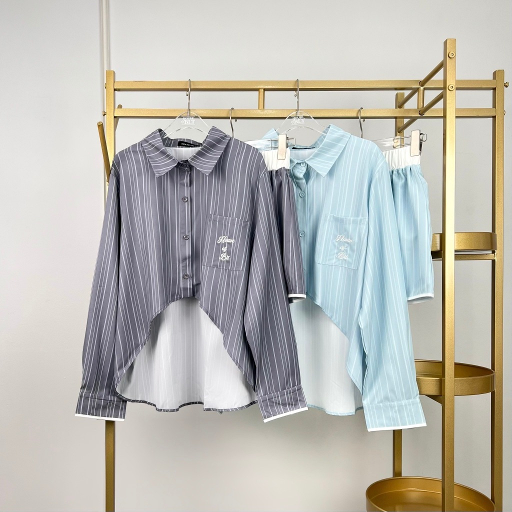 HB194/HB193 HOUSE OF BLT BRAND ชุดเซ็ทเสื้อแขนยาวกางเกงเอวสม็อคลายริ้ว ดีเทลทั้งชุด ใส่เที่ยว คาเฟ่ ออกงาน