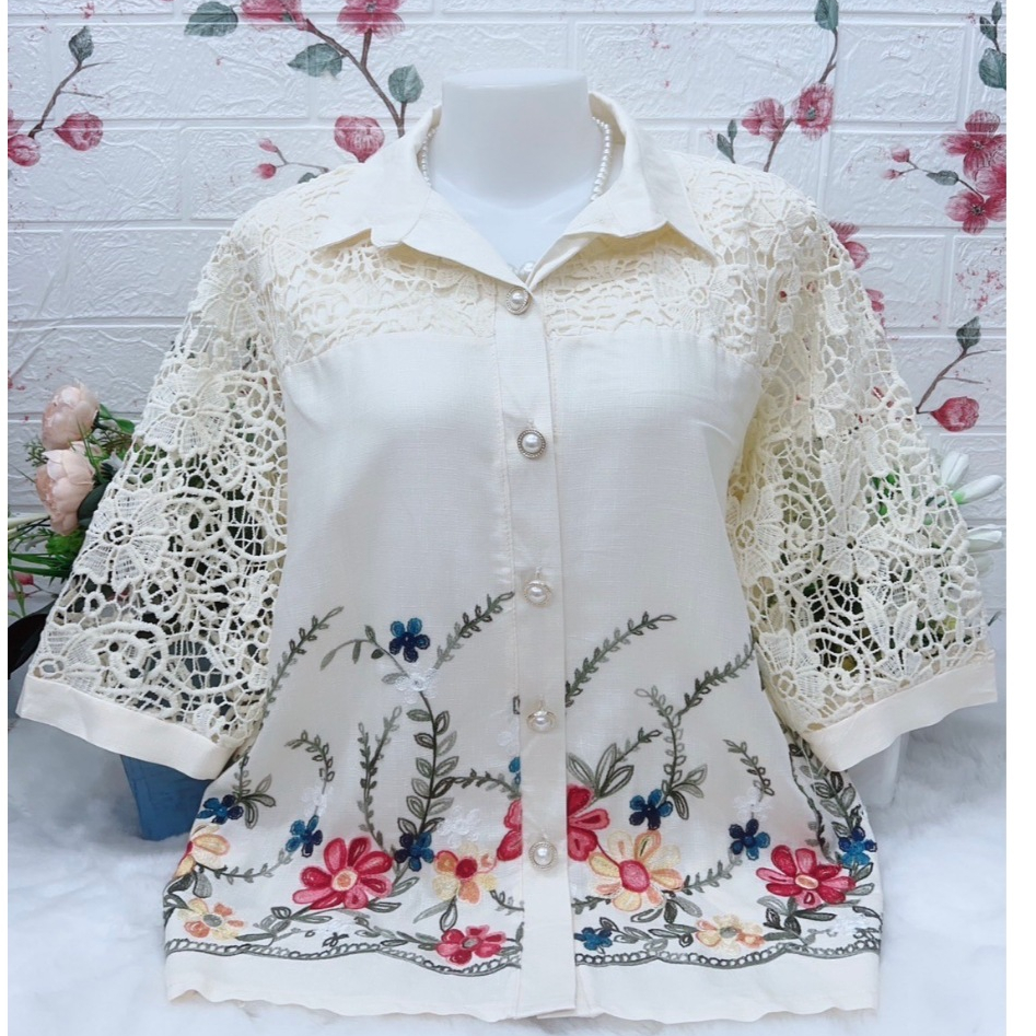 เสื้อผ้าลินินลูกไม้ เสื้อผ้าลินินกระดุม รอบอก38-42/44-46/48-52/54นิ้ว ฟรีไซส์ เสื้อผ้าลินินแขนลูกไม้