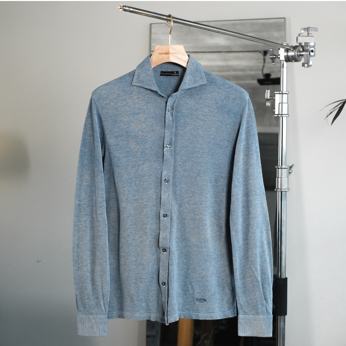 S - BARBA NAPOLI Navy Spread Collar Cotton Luxury Knitwear Cotton Shirt