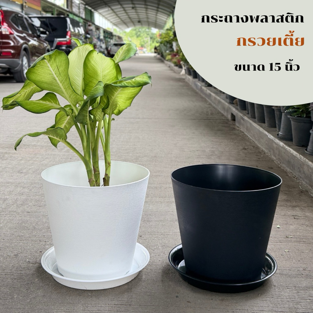 ‼️ถูก  ส่งเร็วทันใจ‼️  กระถางพลาสติกทรงกรวยเตี้ย พร้อมจานรอง ขนาด 15 นิ้ว