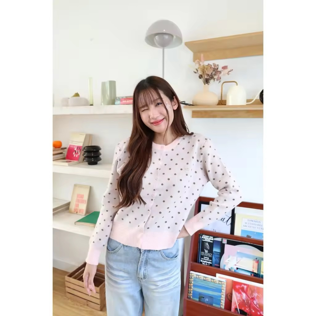 JARINYA Polkadot คาร์ดิแกน ลายจุดน้ำตาล-ชมพู size S พร้อมส่ง💯