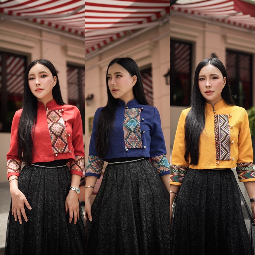 เสื้อคอจีนแขนยาวแต่งผ้าทอไทลื้อ(อัดกาว)มี3สี