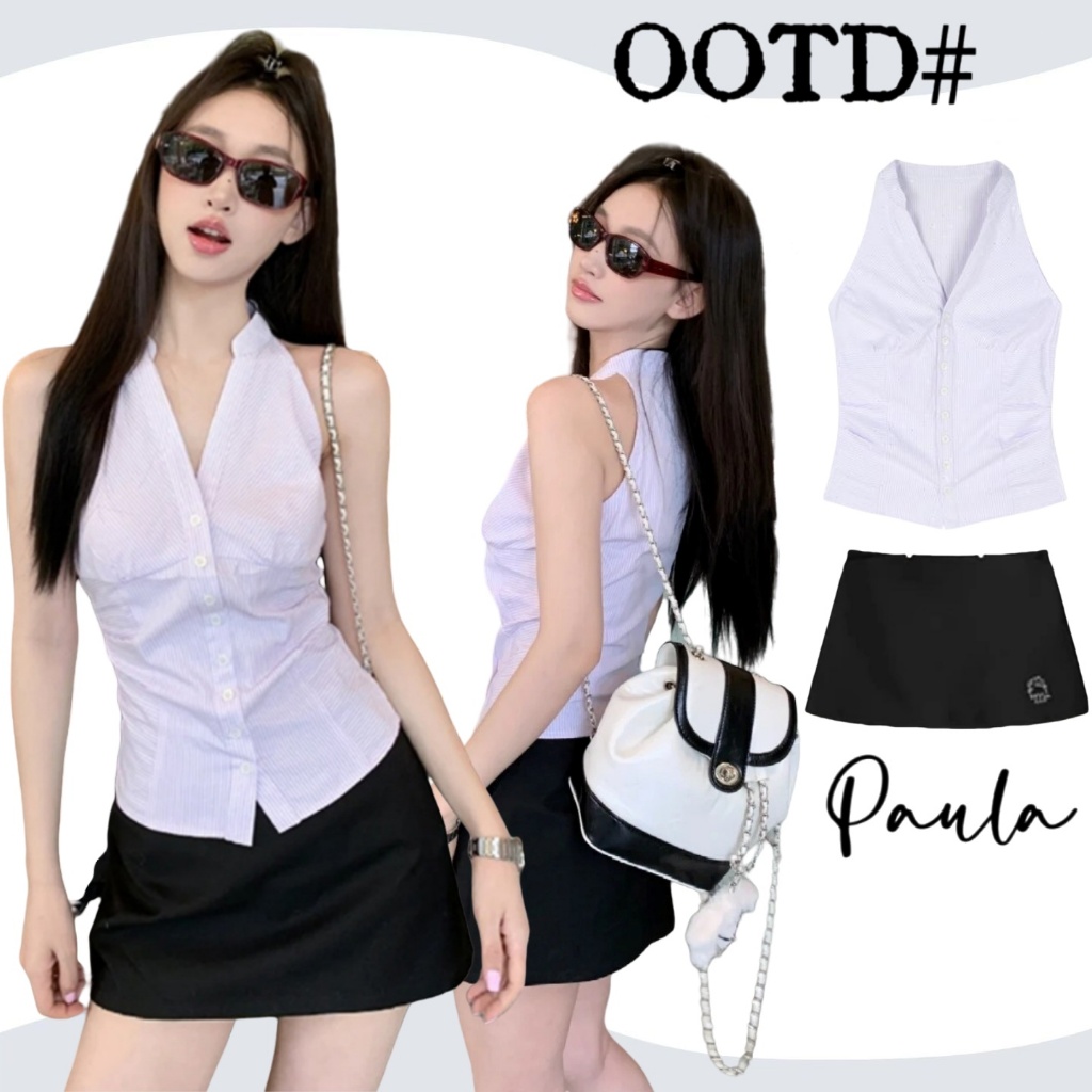 Paula พร้อมส่ง🌴เสื้อเชิ้ตแขนกุด🌴ชุด2ชั้น คอวี ลายริ้ว โชว์ไหล่ เสื้อครอปทรงรัดรูป สําหรับผู้หญิง สไตล์ลําลอง