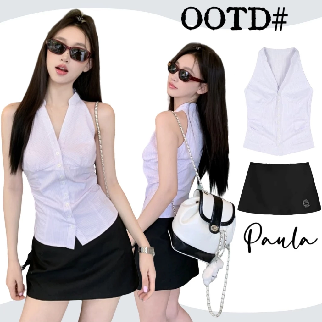 Paula พร้อมส่ง🌴เสื้อเชิ้ตแขนกุด🌴ชุด2ชั้น คอวี ลายริ้ว โชว์ไหล่ เสื้อครอปทรงรัดรูป สําหรับผู้หญิง สไตล์ลําลอง