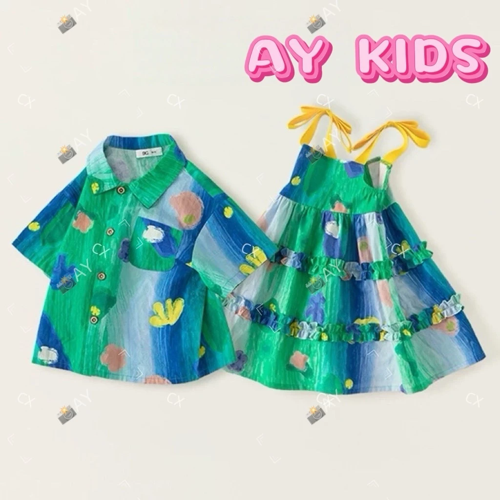 AY092 เซตพี่น้องแสนซน สดใสน่ารัก สไตล์แฟชั่นเด็ก เสื้อเชิ้ตพี่ชาย + เดรสน้องสาว คู่กันน่ารักที่สุด