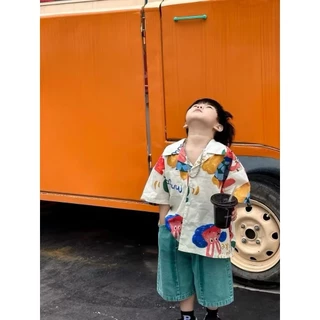 AY093 ชุดคู่แฟชั่นเด็ก พี่ชาย-น้องสาว เสื้อเชิ้ต+เดรส ลายเพ้นท์การ์ตูน สีสันสดใส ผ้านิ่ม ระบายอากาศดี