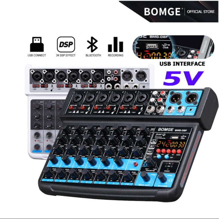 BOMGE mini mixer audio 8 ช่อ mixer คาราโอเกะ MP3 DC 5V, Bluetooth, ดิสก์ 48V, เอฟเฟกต์ 24 DSP, การบั
