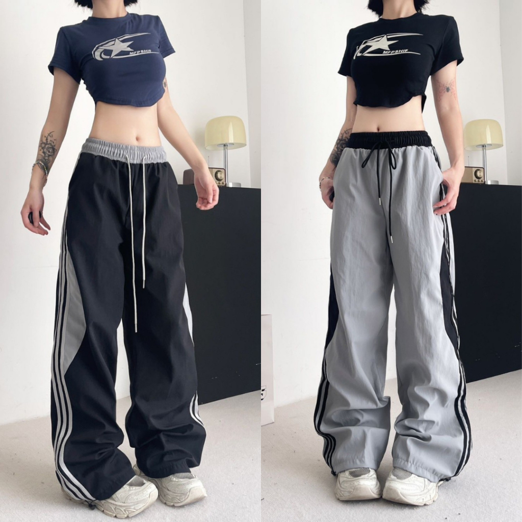 กางเกงคาร์โก้ขายาว S-8XL เอวสูงเอวสม็อคมีเชือกรูดข้อเท้า ดีไซน์แต่งแถบข้าง ใส่ได้ทั้งผู้หญิงผู้ชาย