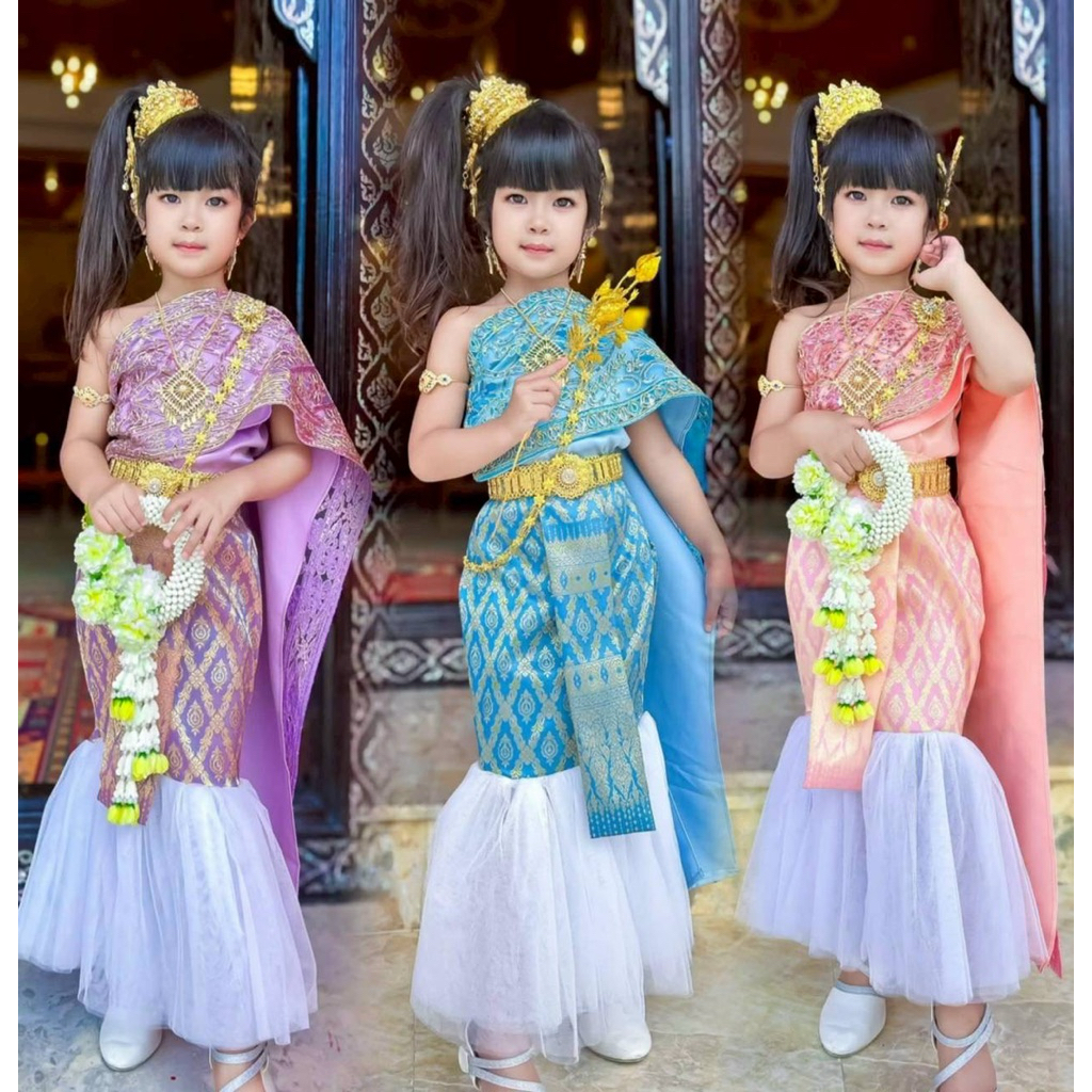 ชุดไทยเด็กผู้หญิง เสื้อปาดไหล่สม็อคด้านหลัง “สะไบเป็นแบบสำเร็จติดกับตัวเสื้อ”(ไม่รวมเครื่องประดับ) #ai