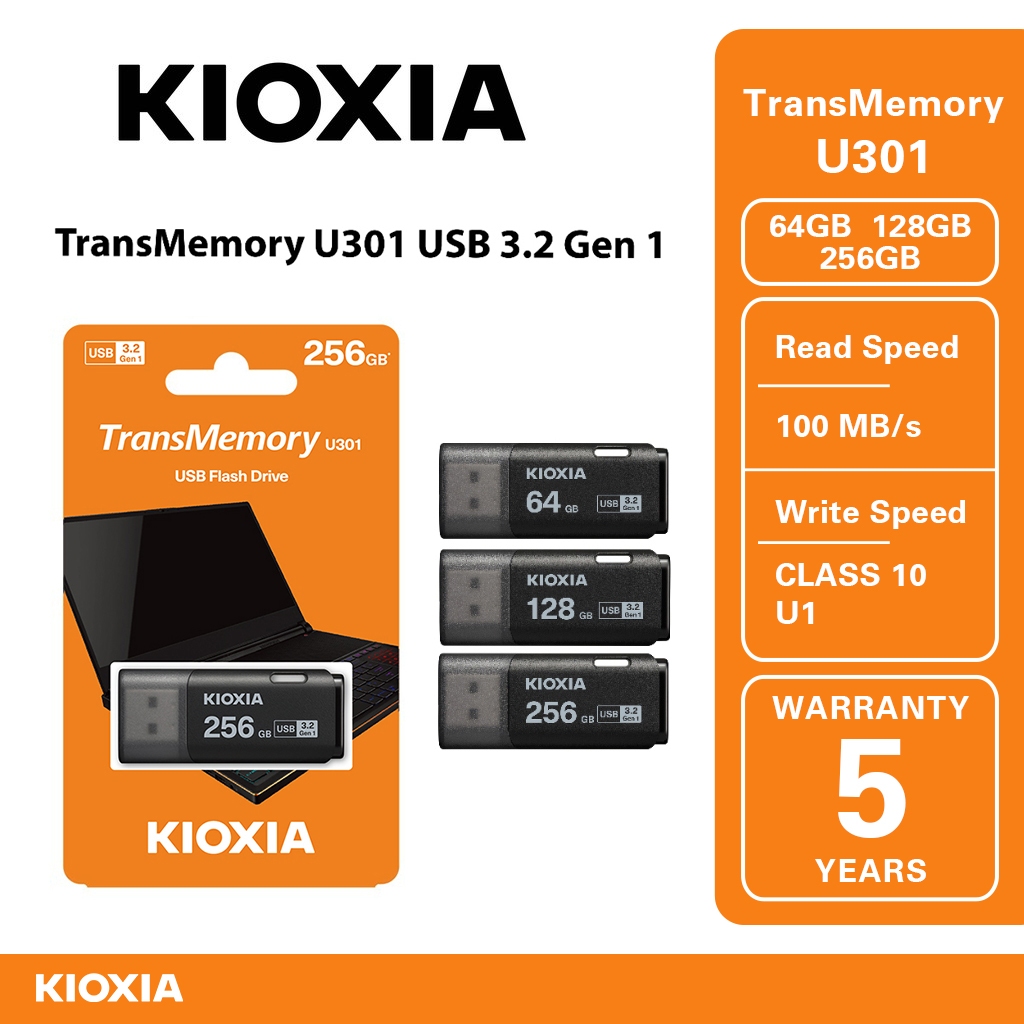 Kioxia Transmemory U301 Black Usb3.2 Gen 1 Flash Drive - 64 GB/128GB