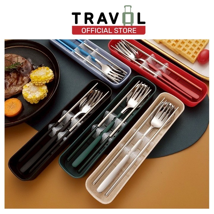 TRAVOL ผู้ติดตามใหม่ลด10%  ชุดช้อนส้อมพกพา พร้อมกล่องเก็บ เกาหลี สแตนเลส ด้ามยาว CTN393