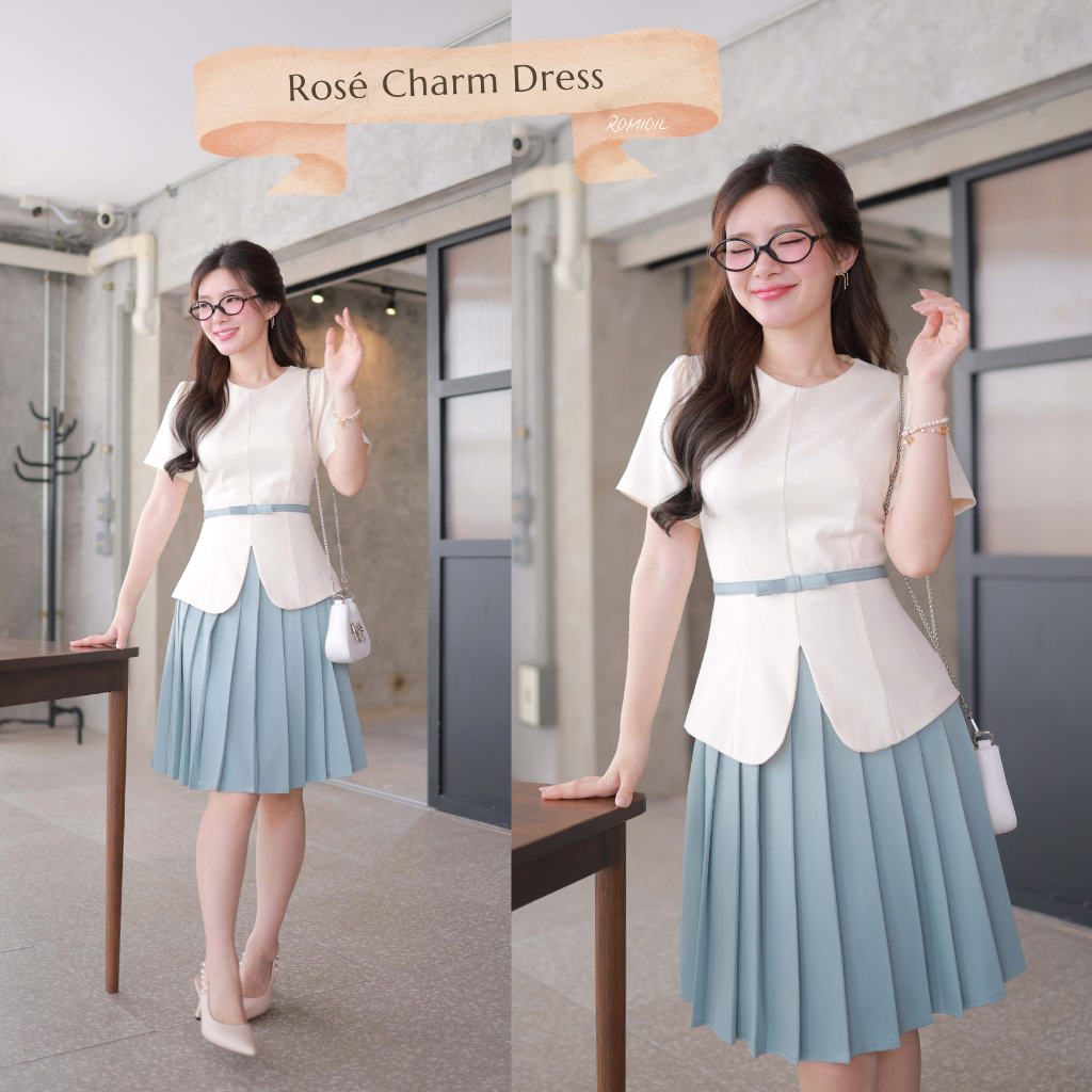 "Romi"Oil" Rosé Charm Dress (Mint) K261 ชุดเดรสสีฟ้ามินต์ (ชุดเดรสกระโปรงพลีท)