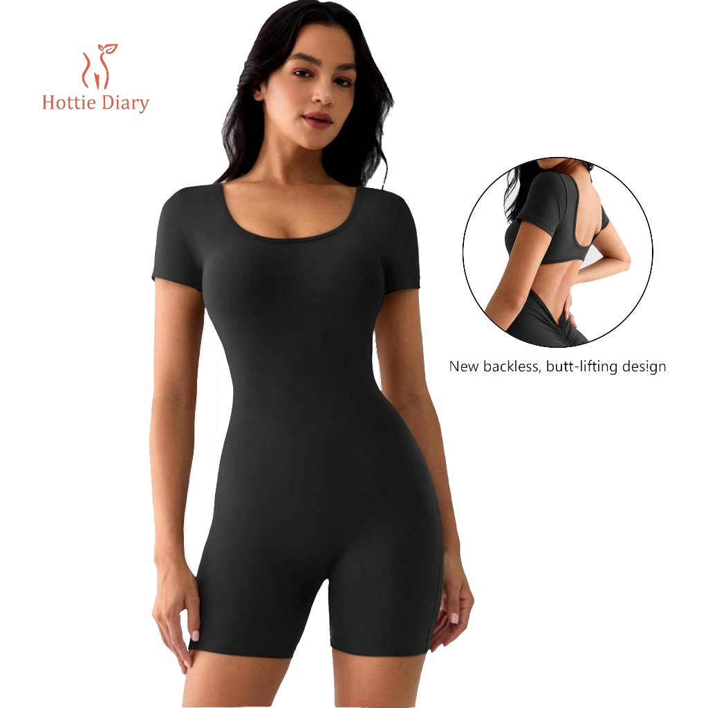 [Hottie Diary] ชุดจั๊มสูทออกกำลังกายแบบวันพีซแขนสั้นเปิดหลังสำหรับผู้หญิง