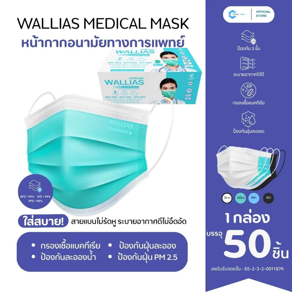 Wallias Mask หน้ากากอนามัย 3 ชิ้น หน้ากากอนามัยทางการเเพทย์ หนา 3 ชั้น ป้องกันได้ถึง 98%บรรจุ 50ชิ้น แบบกล่องและซอง