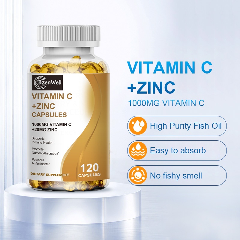120 Capsules Vitamin C 1000mg with Zinc 20mg สนับสนุนการผลิตพลังงานของเซลล์และการก่อคอลลาเจนเพื่อเพิ่มสุขภาพภูมิคุ้มกัน