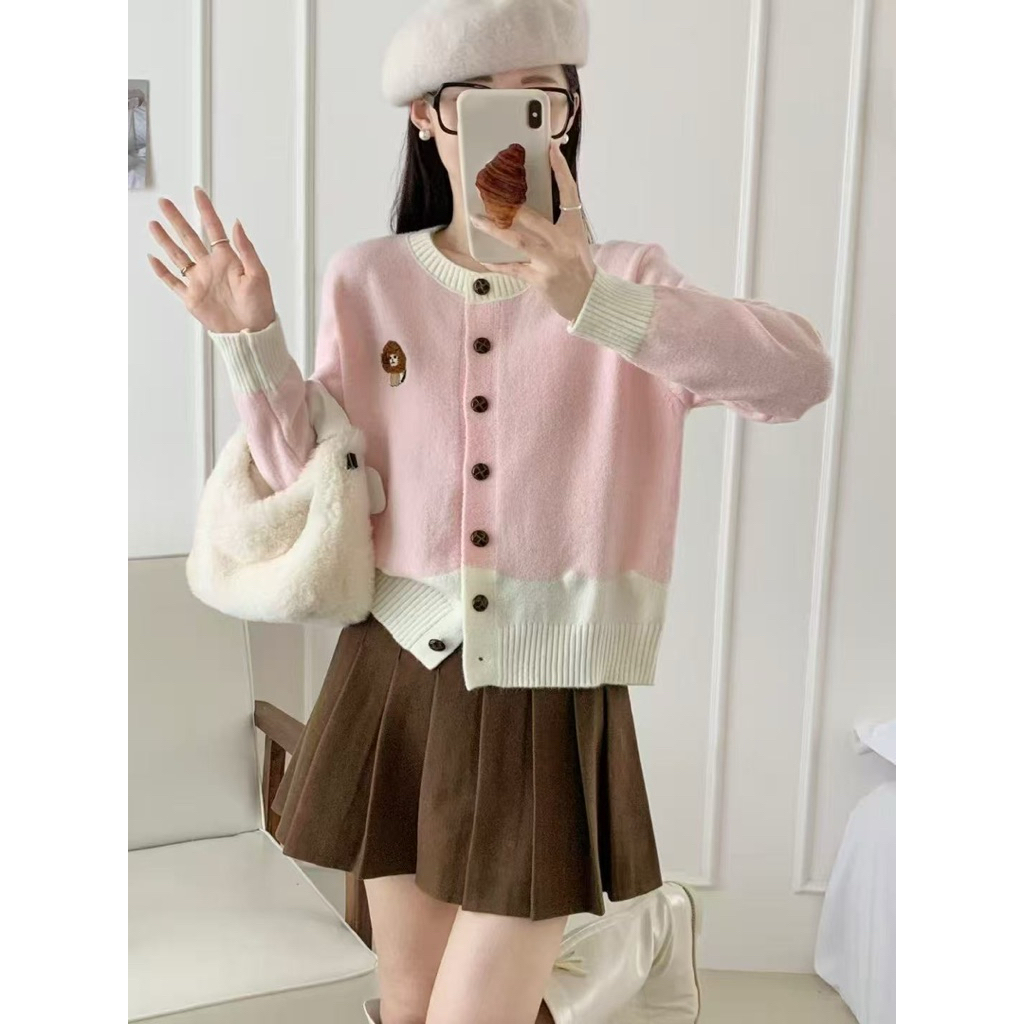 Chinshirt เสื้อคลุมแขนยาว ลายหมีสไตล์เกาหลีน่ารัก ไหมพรมกระดุมหน้า ใส่คลุมได้ทั้งปี