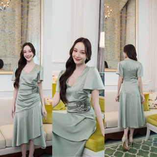 ชุดเดรส ชุดออกงาน ชุดราตรี FP068 เกรดพรีเมี่ยม คอวี แขนสั้น