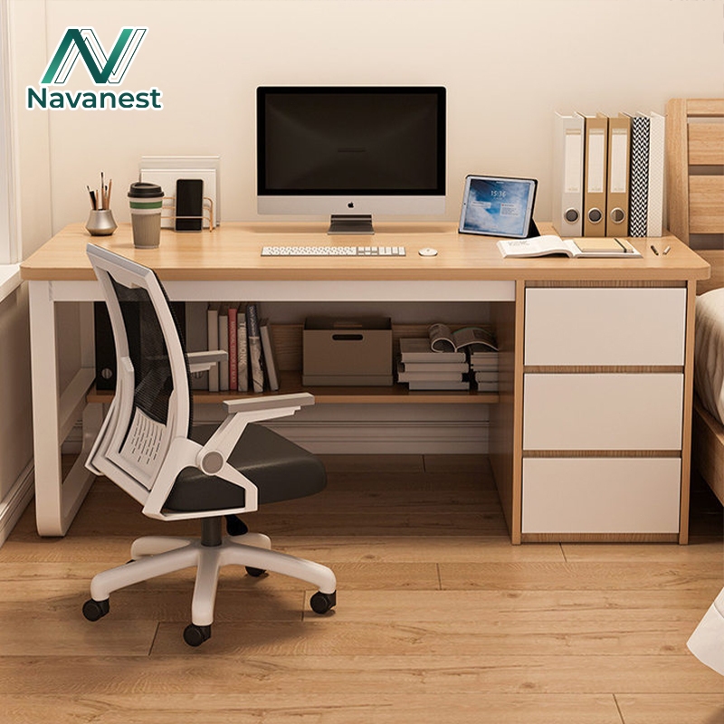 Navanest โต๊ะคอมพร้อมลิ้นชัก140/120/100cm มีลิ้นชัก ขาเหล็กหนาเวอร์ชั่นพิเศษโต๊ะคอมพิวเตอร์ พื้นที่จ